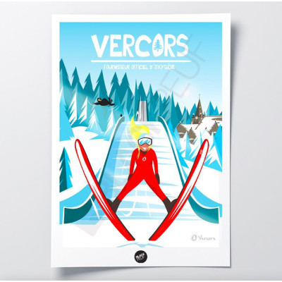 Affiche murale vercors saut ski 2024 sport station bleu rouge et blanc pour la décoration.