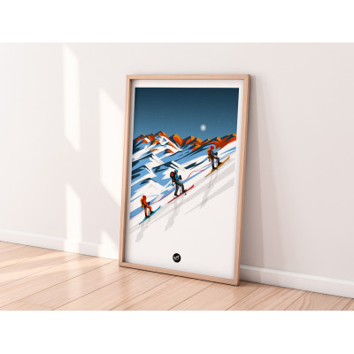 Affiche murale soirée rando en ski de fond dans la montagne pour la décoration. Affiche murale soirée rando en ski de fond dans la montagne pour la décoration.