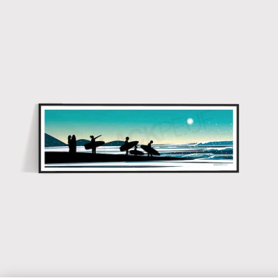 Wall poster depicting a surfer on the beach at sunset, blue and black, for decorative purposes. Wall poster depicting a surfer on the beach at sunset, blue and black, for decorative purposes.