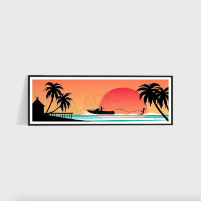 Wandposter mit Sonnenuntergang, Palmen, untergehende Sonne hinter dem Meer, auf orangefarbenem Hintergrund zur Dekoration.