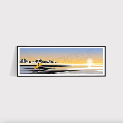 Decorative wall poster by Brice de Nice depicting a surfer on a blue beach under a yellow sunset. Decorative wall poster by Brice de Nice depicting a surfer on a blue beach under a yellow sunset.