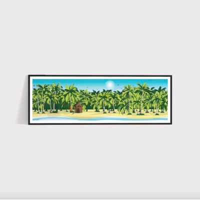 Poster da parete con una capanna di paglia sulla spiaggia di sabbia bianca, una foresta verde e un mare blu come decorazione. Poster da parete con una capanna di paglia sulla spiaggia di sabbia bianca, una foresta verde e un mare blu come decorazione.