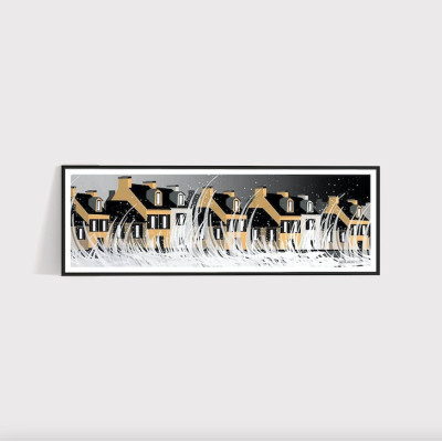 Poster murale nero e giallo raffigurante un'onda marina con l'alta marea sulla città, a scopo decorativo. Poster murale nero e giallo raffigurante un'onda marina con l'alta marea sulla città, a scopo decorativo.