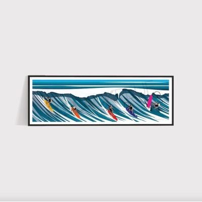 Party-Wandposter mit einem Surfer, der auf der blauen Welle reitet, zur Dekoration.