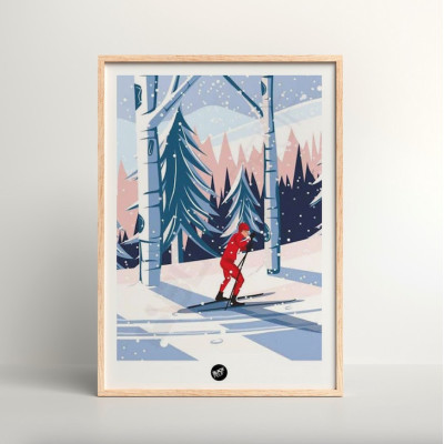 Affiche murale ski de fond en forêt bleu et rouge pour la décoration. Affiche murale ski de fond en forêt bleu et rouge pour la décoration.