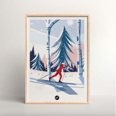 Blue and red forest cross-country skiing wall poster for decoration.