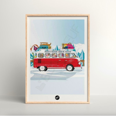 Affiche murale combien road trip rouge et bleu van vacances station pour la décoration. Affiche murale combien road trip rouge et bleu van vacances station pour la décoration.