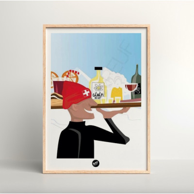 Wall poster with a red, blue and yellow alpine barista with a terrace in a resort as decoration. Wall poster with a red, blue and yellow alpine barista with a terrace in a resort as decoration.