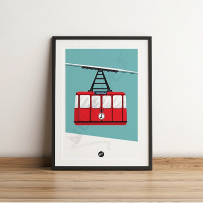 Wall panel with cable car, red cabin, ski resort, in blue, for decorative purposes. Wall panel with cable car, red cabin, ski resort, in blue, for decorative purposes.