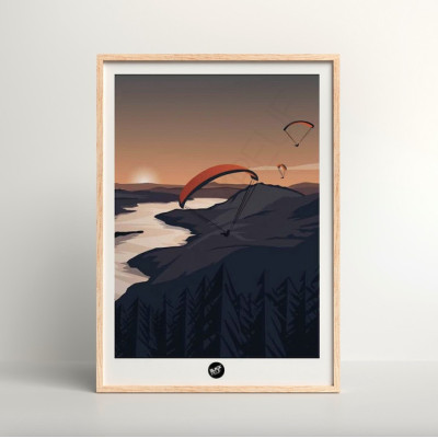 Wandposter eines Gleitschirmflugs mit Sonnenuntergang in Schwarz- und Orangetönen zur Dekoration Wandposter eines Gleitschirmflugs mit Sonnenuntergang in Schwarz- und Orangetönen zur Dekoration