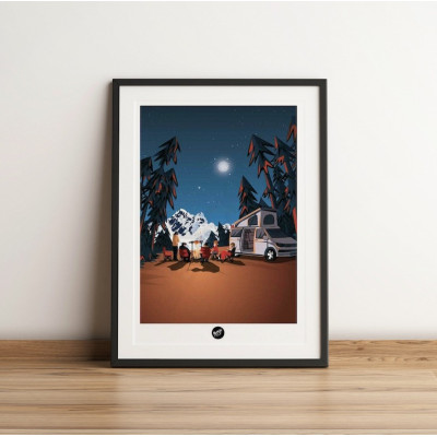 Affiche murale d’un camping au coin du feu aux tons marron, orange et bleu foncé, pour la décoration Affiche murale d’un camping au coin du feu aux tons marron, orange et bleu foncé, pour la décoration