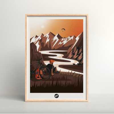 Wall poster of a person sitting facing nature in brown and orange for decoration Wall poster of a person sitting facing nature in brown and orange for decoration