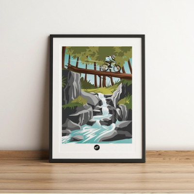 Affiche murale VTT sur un pont-tronc entre rivière bleue et nature verte pour décoration Affiche murale VTT sur un pont-tronc entre rivière bleue et nature verte pour décoration