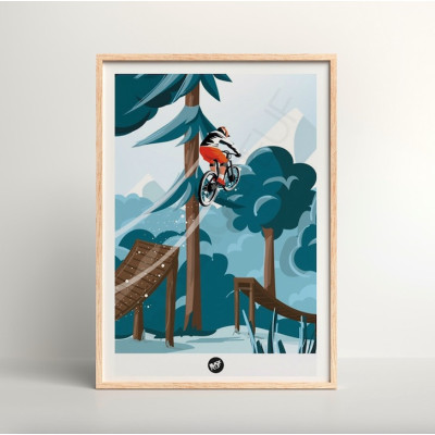 Blu, marrone e rosso parco mountain bike saltare nel bosco poster da parete per la decorazione Blu, marrone e rosso parco mountain bike saltare nel bosco poster da parete per la decorazione