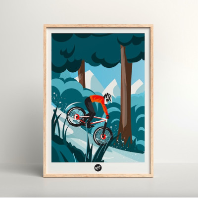Affiche murale VTT park dans les bois aux tons bleu, marron et rouge pour décoration Affiche murale VTT park dans les bois aux tons bleu, marron et rouge pour décoration
