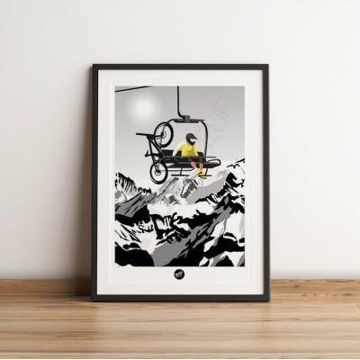Affiche murale noir et blanc d’une personne en jaune dans un télésiège avec son VTT pour décoration Affiche murale noir et blanc d’une personne en jaune dans un télésiège avec son VTT pour décoration