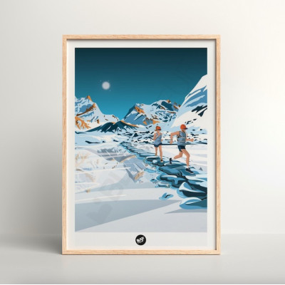 Wall poster of a couple of runners in the middle of a white and blue lake and mountain for decoration Wall poster of a couple of runners in the middle of a white and blue lake and mountain for decoration
