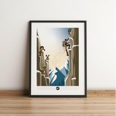 Wandposter Steinbock in den Bergen, Kletterszene in Blau-, Braun- und Grautönen zur Dekoration Wandposter Steinbock in den Bergen, Kletterszene in Blau-, Braun- und Grautönen zur Dekoration