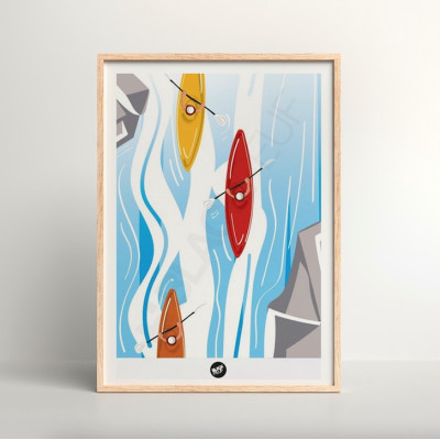 Affiche murale canoë jaune, rouge et orange dans une descente en rivière bleue ciel pour décoration Affiche murale canoë jaune, rouge et orange dans une descente en rivière bleue ciel pour décoration
