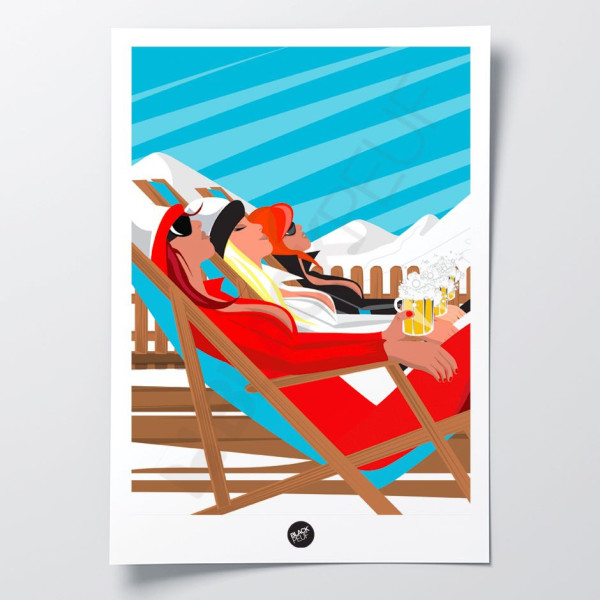 Affiche murale les filles des alpes rouge et bleu après ski terrasse station pour la décoration.