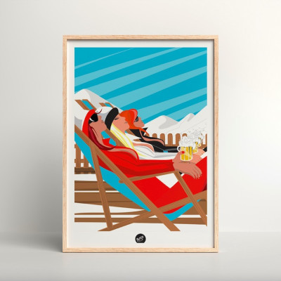 Affiche murale les filles des alpes rouge et bleu après ski terrasse station pour la décoration. Affiche murale les filles des alpes rouge et bleu après ski terrasse station pour la décoration.