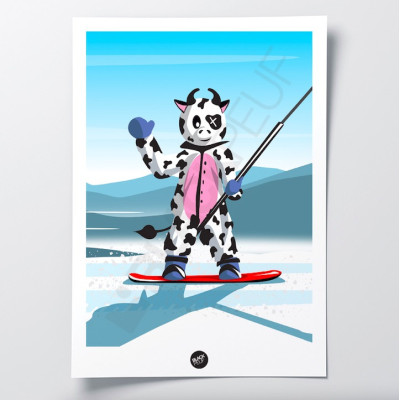 Poster da parete con tuta da mucca rosa e nera in kigurumi per sciatore, da usare come decorazione. Poster da parete con tuta da mucca rosa e nera in kigurumi per sciatore, da usare come decorazione.