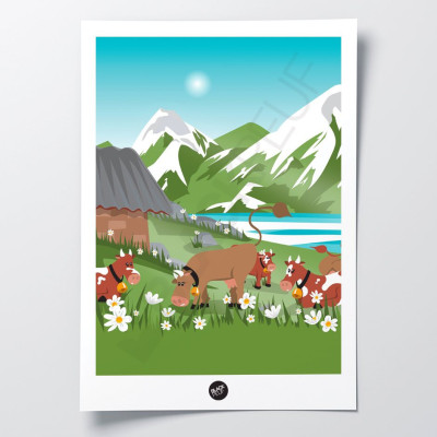 Wall hanging of a cow in a field of daisies in shades of green, brown and blue, for decoration Wall hanging of a cow in a field of daisies in shades of green, brown and blue, for decoration