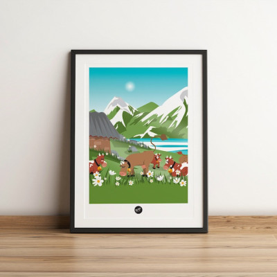 Wall hanging of a cow in a field of daisies in shades of green, brown and blue, for decoration Wall hanging of a cow in a field of daisies in shades of green, brown and blue, for decoration