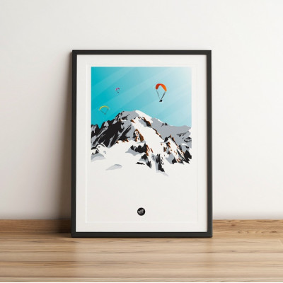 Wall poster of paragliding at Mont Blanc with white snow and blue sky for decoration Wall poster of paragliding at Mont Blanc with white snow and blue sky for decoration