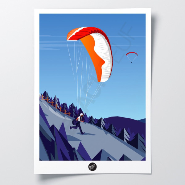 Affiche murale d’un décollage en parapente, aux couleurs bleu et orange, pour la décoration