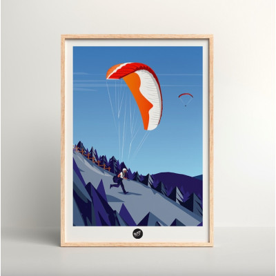 Wall poster of a paragliding take-off, in blue and orange, for decoration Wall poster of a paragliding take-off, in blue and orange, for decoration