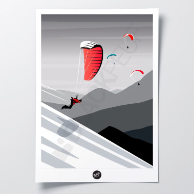 Wall poster of a paragliding take-off in black and white, for decoration Wall poster of a paragliding take-off in black and white, for decoration