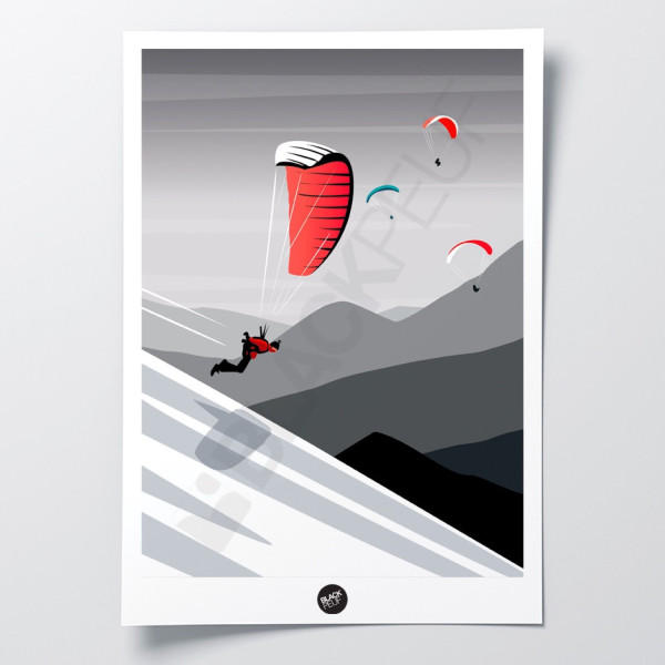 Poster murale di un decollo in parapendio in bianco e nero, per decorazione