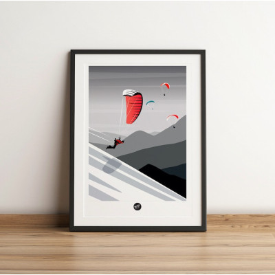 Wall poster of a paragliding take-off in black and white, for decoration Wall poster of a paragliding take-off in black and white, for decoration