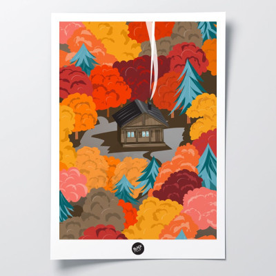 Affiche murale d’un chalet au milieu des bois d’automne aux couleurs orange et rouge pour la décoration