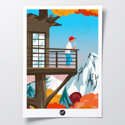 Poster da parete di una capanna del caffè in un bosco autunnale in marrone, arancione e rosso, per decorazione Poster da parete di una capanna del caffè in un bosco autunnale in marrone, arancione e rosso, per decorazione