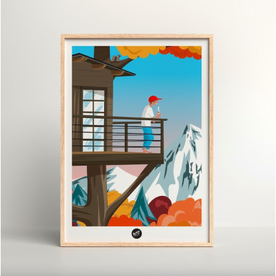 Poster da parete di una capanna del caffè in un bosco autunnale in marrone, arancione e rosso, per decorazione Poster da parete di una capanna del caffè in un bosco autunnale in marrone, arancione e rosso, per decorazione