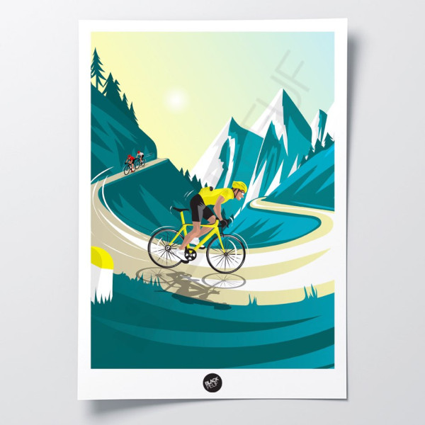 Affiche murale cycliste dans un virage de montagne, déco aux couleurs bleu et jaune sportive