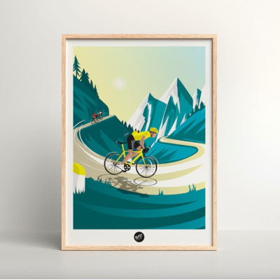 Affiche murale cycliste dans un virage de montagne, déco aux couleurs bleu et jaune sportive Affiche murale cycliste dans un virage de montagne, déco aux couleurs bleu et jaune sportive