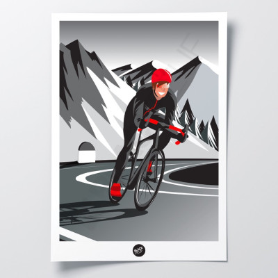 Black and white wall poster of a red cyclist on the mountain passes for decoration Black and white wall poster of a red cyclist on the mountain passes for decoration