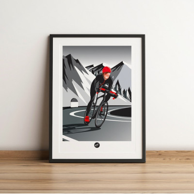 Black and white wall poster of a red cyclist on the mountain passes for decoration Black and white wall poster of a red cyclist on the mountain passes for decoration