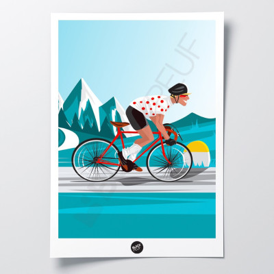 Affiche murale d'un cycliste sur les cols de montagne au ton bleu et rouge pour décoration Affiche murale d'un cycliste sur les cols de montagne au ton bleu et rouge pour décoration