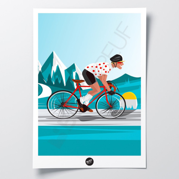 Wall poster of a cyclist on the mountain passes in blue and red for decoration