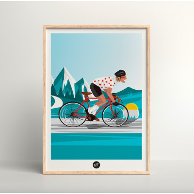 Wall poster of a cyclist on the mountain passes in blue and red for decoration Wall poster of a cyclist on the mountain passes in blue and red for decoration