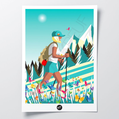 Poster da parete di una donna bionda che pratica il trail running in un'escursione nei toni dell'azzurro per la decorazione Poster da parete di una donna bionda che pratica il trail running in un'escursione nei toni dell'azzurro per la decorazione