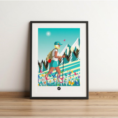 Poster da parete di una donna bionda che pratica il trail running in un'escursione nei toni dell'azzurro per la decorazione Poster da parete di una donna bionda che pratica il trail running in un'escursione nei toni dell'azzurro per la decorazione