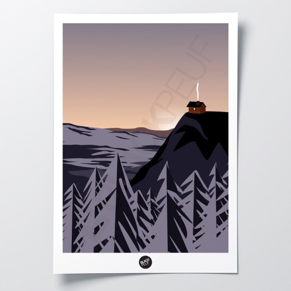 Wandposter eines Hauses, das allein auf der Welt auf einem Berg steht, in dunklen Schwarz- und Grautönen zur Dekoration
