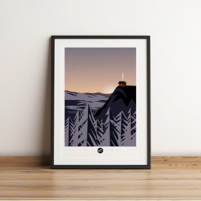 Affiche murale d’une maison seule au monde perchée sur une montagne aux tons sombres noir et gris pour décoration