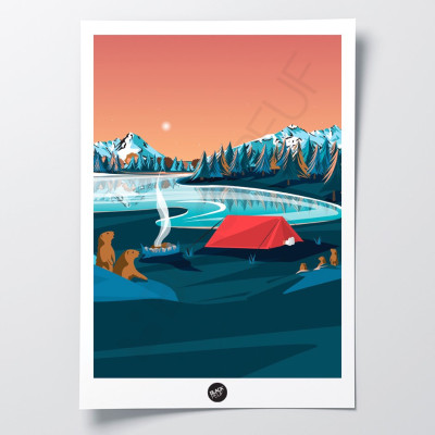 Wandposter eines Murmeltierlagers bei Nacht neben einem Zelt in Blau- und Orangetönen zur Dekoration Wandposter eines Murmeltierlagers bei Nacht neben einem Zelt in Blau- und Orangetönen zur Dekoration
