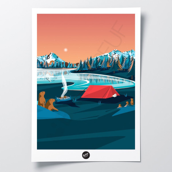 Affiche murale d’un camp de marmottes la nuit près d’une tente aux tons bleu et orange pour décoration